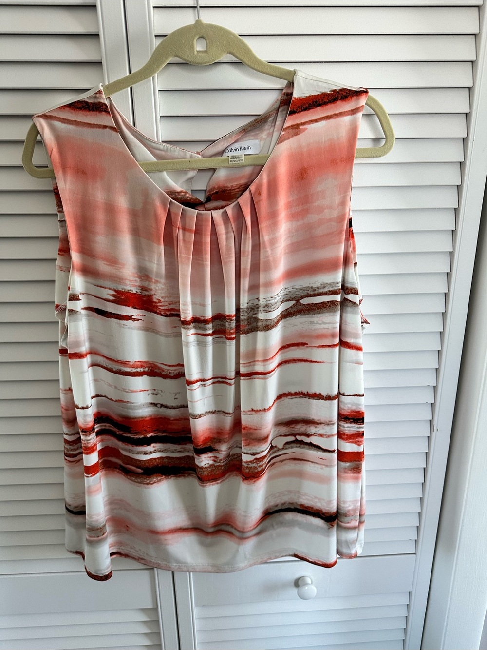 Calvin Klein Coral Stripe Pleated Sleeveless Blouse